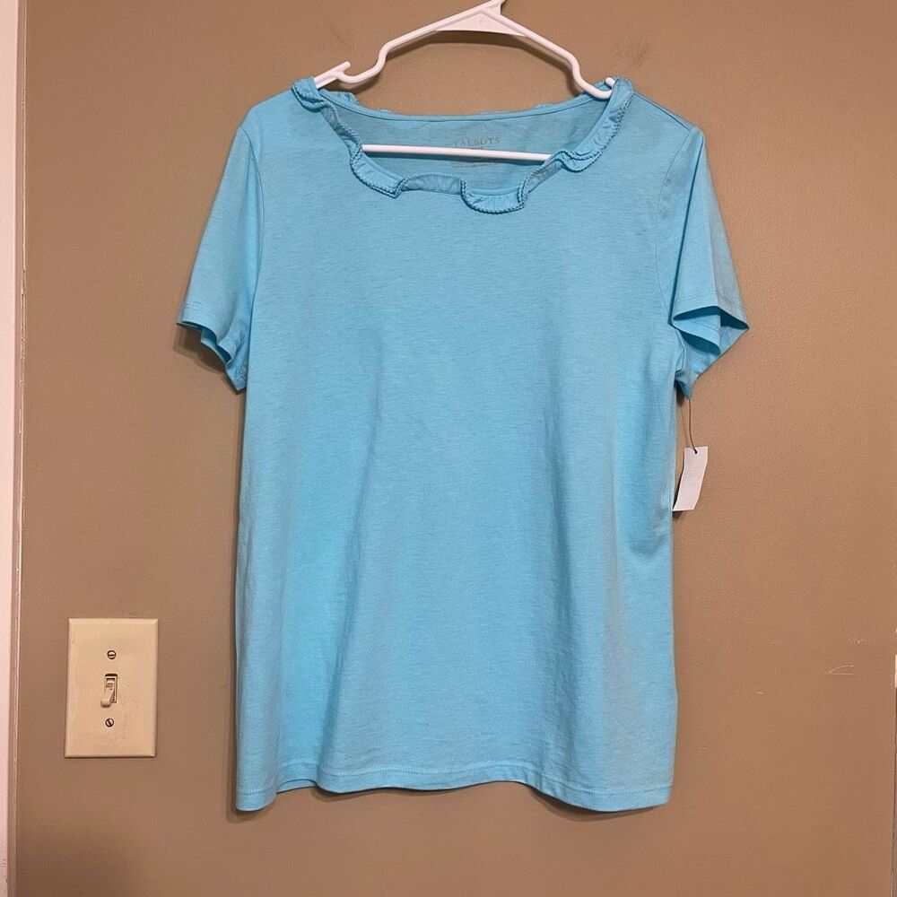 Talbots Pima Cotton Teal Blue Scalloped Ruffle Neck Shirt Petite Large
